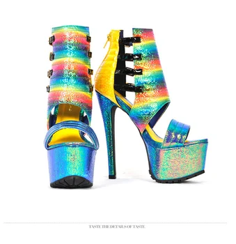 Gökyüzü Yüksek Topuk Kadın Seksi Renkli Kulübü platform sandaletler Moda Stil Hollow Out Toka Askı parti ayakkabıları Karışık Renkler