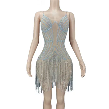 Rhinestone Seksi Kristaller Zincirler Saçaklar transparan elbise Akşam Dansçı Giyim Doğum Günü Performans Kostüm