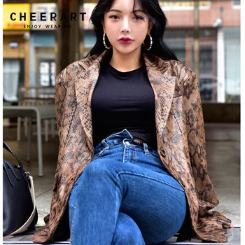 Cheerart Yılan Baskı Deri Blazers Kadın Deri Ceket Ve Mont Yeşil Kahverengi Bayanlar Kore Yılan Derisi Blazer Femme