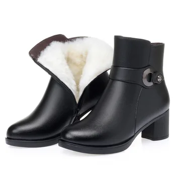 2022 Yeni Moda Zarif Siyah Çizmeler Artı Peluş ve Yün Çizmeler kar ayakkabıları Büyük Boy Yüksek Topuk Ayakkabı Kadın Hakiki Deri Çizmeler