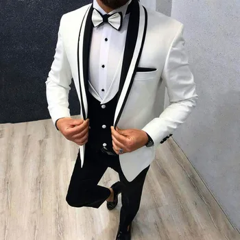 Beyaz Smokin Damat Giyim Takım Elbise Şal Yaka Slim Fit Yüksek Kalite Düğün İş Balo Parti Takım Elbise 3 Adet (Ceket + Yelek + Pantolon)