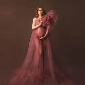Zarif Bir Omuz Tül hamile elbisesi Perspektif Seksi Fotoğraf Fotoğraf Çekimi Parti Elbise Artı Boyutu