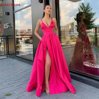 2020 Yeni Varış Derin V Boyun Uzun balo kıyafetleri Saten Pembe Vestidos De Festa Seksi Akşam Parti Elbise Yüksek Yarık cep İle