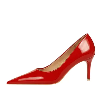 Büyük boy Avrupa ve Amerikan tarzı basit stiletto yüksek topuklu parlak rugan sığ sivri burun ayakkabı 9511-A6