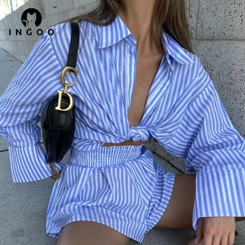INGOO Moda Eşofman Kadın 2021 Rahat Setleri Çizgili Uzun Kollu Gömlek Bluz Ve Gevşek Yüksek Belli Şort Sokak 2 Adet Set