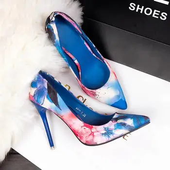 Kadın Moda Tatlı Yüksek Kaliteli Mavi Çiçek Topuk Ayakkabı Bayan İlkbahar & Yaz Stiletto Topuk Pompaları Mujeres Tacones Altos A116