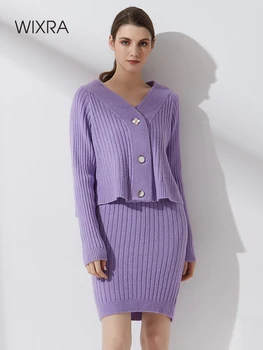 Wixra Kadınlar 2 Parça Set Örme Tasarım Düğme Hırka + Sıkı İnce Elbise Streetwear Zarif Kazak Takım Elbise Bahar Sonbahar