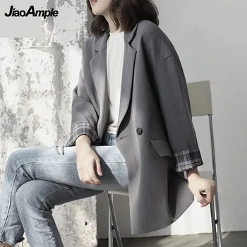 2021 İlkbahar ve Sonbahar Yeni Gri Takım Elbise Ceket kadın Rahat Mizaç Kruvaze Blazers Ceket Kore moda Giyim Üst