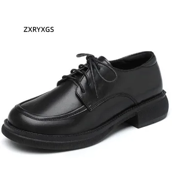 2022 İngiliz Tarzı Hakiki deri ayakkabı Siyah Kalın Topuk Ayakkabı Büyük Boy dantel-up Moda rahat ayakkabılar Ziyafet İş Kadın Ayakkabı