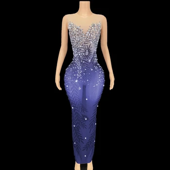  Sparkly Rhinestones Yeni Kutlamak Akşam Balo Doğum Günü Elbise Kolsuz uzun elbise Seksi Örgü Şeffaf Gösterisi Sahne Giyim