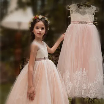 Allık ve Fildişi Çiçek Kız Elbise Boncuklu Kanat Dantel Aplike Yaylar Pageant Prenses Abiye Çocuklar için Düğün Parti Kız Elbise