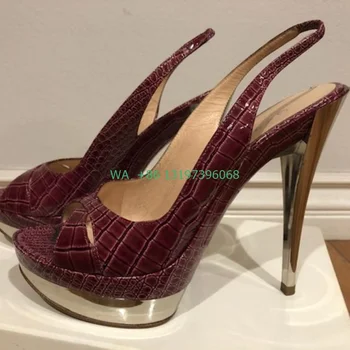 Kadın peep toe Timsah Derisi Platformu Slingback Sandalet Kırmızı Taş Stiletto ayakkabılar Ayakkabı Kesme Podyum Sandalet Artı Boyutu 43
