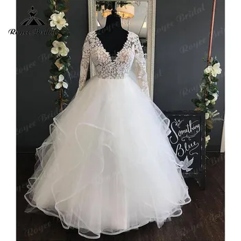 2022 Zarif Artı Boyutu Uzun Kollu Aç Geri düğün elbisesi Gelin için V Boyun Dantel Korse gelin kıyafeti trajes de novias largos
