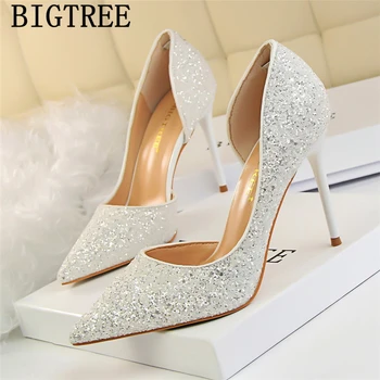 Altın Topuklu Düğün Ayakkabı Gelin Glitter Topuklu Bigtree Ayakkabı Fetiş Yüksek Topuklu Seksi Bayanlar Pompaları Elbise Ayakkabı Kadın Tacones Mujer