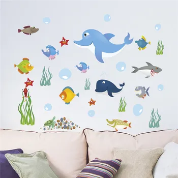 Karikatür Balina Köpekbalığı Kaplumbağa Balıklar Deniz Yaşamı Duvar Sticker Çocuk Odası Banyo Ev Dekor Dıy Hayvan Duvar Sanatı Pvc Çıkartmaları Posteri