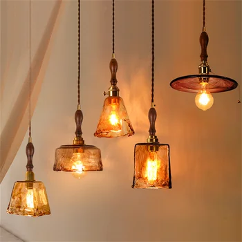 Amerikan endüstriyel Vintage kolye ışık bakır ahşap cam fikstür yemek odası antika Loft asılı lamba ev dekor aydınlatma 2