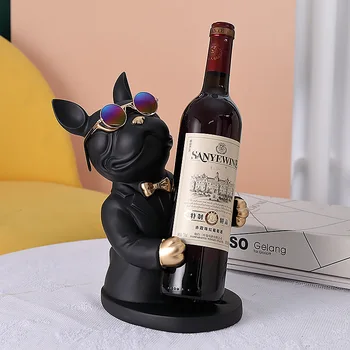 Modern Fransız Bulldog Şarap raflı dolap Hayvan Figürleri Şarap Bardağı Tutucu Masa Süsler Heykeli Ev Dekorasyon Oturma Odası 4