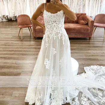Nicolle Eden düğün elbisesi Kadınlar İçin 2022 Kare Yaka Backless Dantel Aplikler Özelleştirilmiş Kat uzunlukta Robe De Soirée