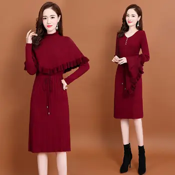 Kadın Örme İki Parçalı Set Kadın Katı Bodycon Elbiseler ve Uzun Kollu Örgü Kazak Takım Elbise Bayanlar Streetwear Giyim Seti Q101