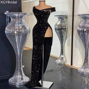 Yeni Varış Seksi Sequins Akşam Elbise 2021 Yüksek Bölünmüş Işıltılı Siyah Düz balo kıyafetleri Resmi Vestidos Formales Arap Elbise