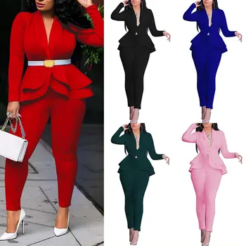 Tam Kollu Ruffles Blazers Kadınlar Kış Kadın Seti Eşofman Pantolon Takım Elbise İki Parçalı Set Ofis Bayan İş Elbisesi Üniforma 2021
