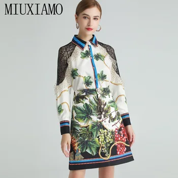 MIUXIMAO 2021 İlkbahar Yaz Kadın Uzun Kollu Meyve Baskılı Dantel Dikiş Moda Bluz + Etek Takım Elbise İki parçalı Set