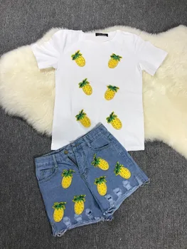 Amolapha Yaz Kadın Ananas T Shirt+Kot Takım Elbise Elmas Rahat Tshirt Kazaklar Denim Delik Kısa Jean Setleri kadın