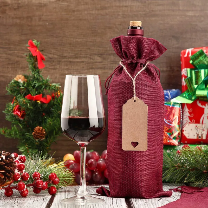 10 adet 15 * 35cm Rustik Jüt Çuval Bezi Şarap Poşetleri İpli şarap şişesi Kapakları Yeniden Kullanılabilir Şişe Sarma Hediye Paketi Şarap Poşetleri 1