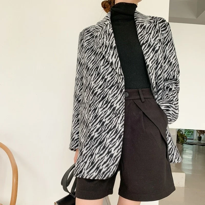 Kadın Pist Zebra Çizgili Blazer Ceket Tek Göğüslü Ofis Bayanlar Rahat Ceket Erkek Arkadaşı Tarzı Gevşek Fit Blazers Suit Tops 1