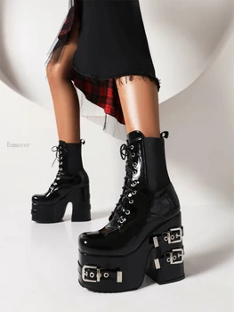 Goth Siyah Demonia Çizmeler Kadın Punk Topuk Seksi Zincir Tıknaz Topuk Platformu Çizmeler Kadın Tasarımcılar yarım çizmeler Lace Up Büyük Boy 1