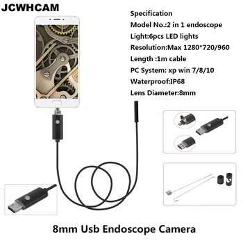 JCWHCAM 8mm Hd 720 P USB Android Endoskop 1 M Kablo OTG PC Endoscopio Mini Endoskop kameralı boru muayene cihazı Su Geçirmez 2 in 1 Kamera