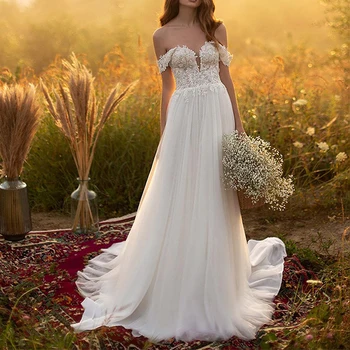 2022 Seksi Beyaz A-line düğün elbisesi Kapalı Omuz Sevgiliye Dantel Aplikler Tül Düğün Uzun Elbise vestido de novia encaje