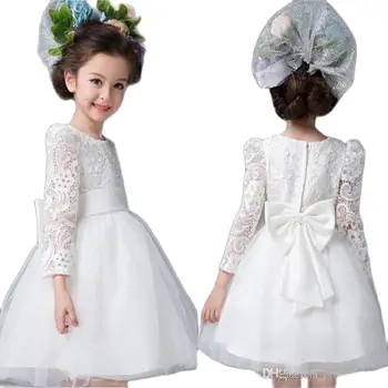 2021 Yeni Çiçek Kız Elbise Yay ile Uzun Kollu Düğün Parti Communion Pageant Elbise Küçük Kızlar için Çocuklar / Çocuk Elbise