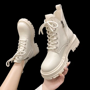 2022 Yeni Beyaz Çizmeler Punk yarım çizmeler Kadınlar İçin Sonbahar Moda Yuvarlak Ayak Savaş Martin Siyah Çizme Platformu Topuk Bayan ayakkabıları 0