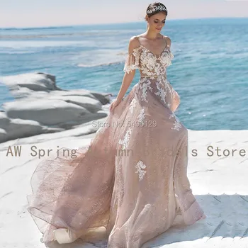 Bohemian Plaj Gelinlik Moda Spagetti Kayışı Tül A-Line gelin kıyafeti Tozlu Pembe Fildişi Aplikler Vestido de noiva