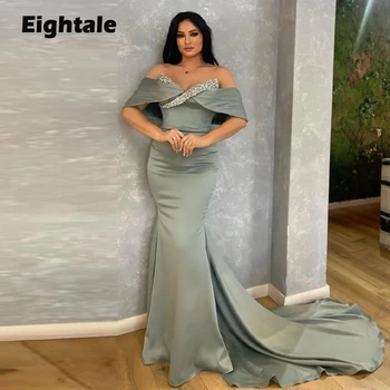 Eightale Kristaller balo kıyafetleri Düğün için Saten Arapça gece elbisesi kapalı Omuz Dubai Mermaid Parti Elbise elbiseler de soirée 0