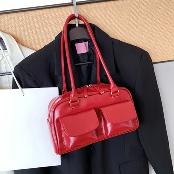 Retro omuz çantası Kadınlar için Çift Cep PU Deri Tasarımcısı Koltukaltı Tote Çanta Moda Katı Rahat Fermuarlı Bayan Çantalar 1
