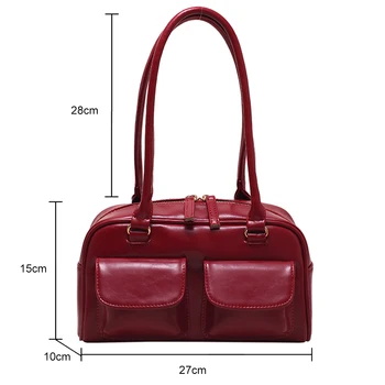 Retro omuz çantası Kadınlar için Çift Cep PU Deri Tasarımcısı Koltukaltı Tote Çanta Moda Katı Rahat Fermuarlı Bayan Çantalar 3