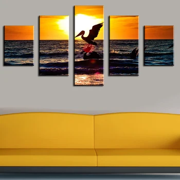 5 Parça ile günbatımı iki pelikanlar Modern ev duvar dekoru Tuval Resim sanat Baskı duvar tablosu 5 Set Her Tuval Sanat Çerçevesiz