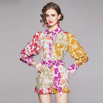 2021 Sonbahar Çiçek Baskı Uzun Kollu Bluzlar gömlekler Ofis Bayan İş Kadın Ve Mini şort takımı Pist Gevşek tatil elbisesi