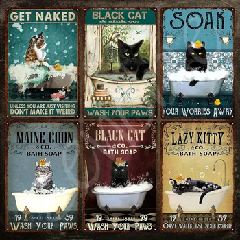 Metal İşareti Duvar Dekor Siyah Kedi Banyo Sabunu Co Tabela Yıkama Pençeleri Komik Hayvanlar Demir Boyama Vintage Plak Banyo dekor