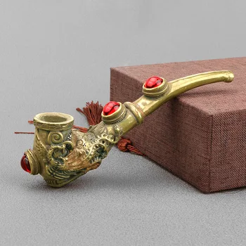 Çin Eski Cooper Kakma Mücevher El Oyma Ejderha Heykeli Antika Sigara Tutucu