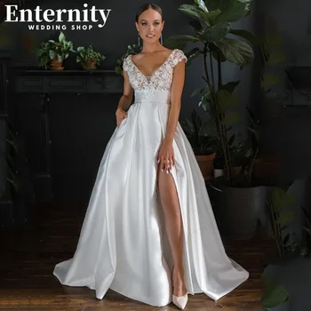 Süslü V Yaka düğün elbisesi Cap Kollu Boncuk Aplikler 3D Çiçek Yan Bölünmüş Vestido De Noiva Backless gelinlikler
