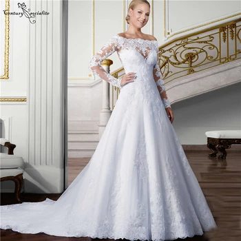Kapalı Omuz Gelinlik Gelin Uzun Kollu Dantel Aplike Boncuklu Artı Boyutu gelinlikler Evlilik Elbise Vestido De Noiva