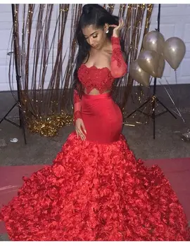 Seksi Afrika Siyah Kızlar Uzun Kollu Kırmızı Mermaid balo kıyafetleri Akşam Parti Elbiseler Uzun İki Parçalı Balo Zarif Elbise Yaz 0