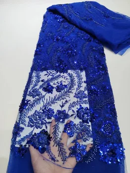 Lüks Kraliyet Mavi Fransız Nakış Damat Dantel Kumaş Afrika Nijeryalı Sequins Kumaş düğün elbisesi Parti
