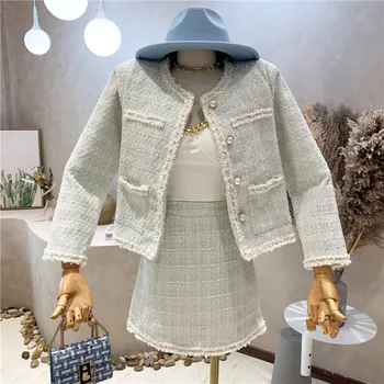 Sonbahar Kış Moda İnce Küçük Koku Rüzgar İki parçalı Set Boncuk Tüvit Etek Ceket Kadın Zarif Yumuşak Mizaç Takım Elbise