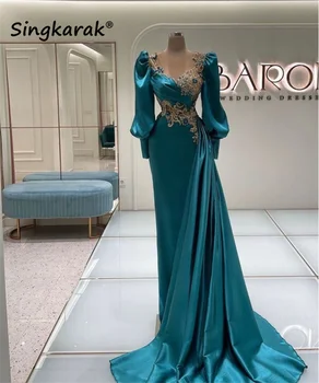 Zarif Müslüman Akşam Elbise 2022 Uzun Kollu Aplikler Boncuk Kristal Parti Elbiseler Arapça Örgün Önlük Elbiseler De Soirée