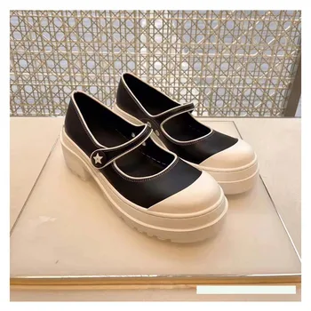 Bahar Yuvarlak Kafa Mary Janes Ladie Flats Deri Kadın Kalın Alt Ayakkabı Yaz Moda Kare Topuk Zapatos Mujer