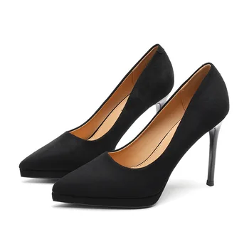 11 cm Yüksek Topuk Siyah Sivri Stiletto Topuklu Kadın Ayakkabı Platformu Pompaları